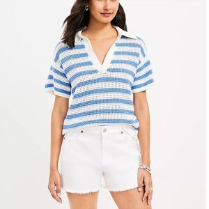 LIKE NEW! LOFT Textured Polo Knit Stripe Tee Sweater Tee Short Sleeve Women’s XS